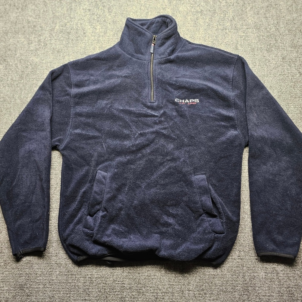 Chaps Ralph Lauren Navy Blue Quarter Zip Fleece Pullover Mens Large Pouch Pocket